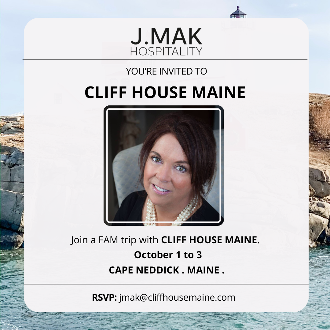 Cliff House Maine FAM trip invitation. Email jmak@cliffhousemaine.com to RSVP.